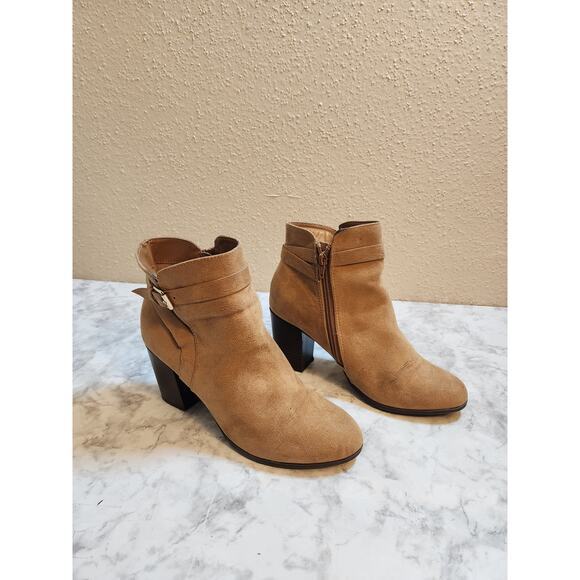 Lauren Conrad‎ Women's Tan Suede Chunky Heel Zip Up Straps Ankle Boots Size 9 - Picture 1 of 8